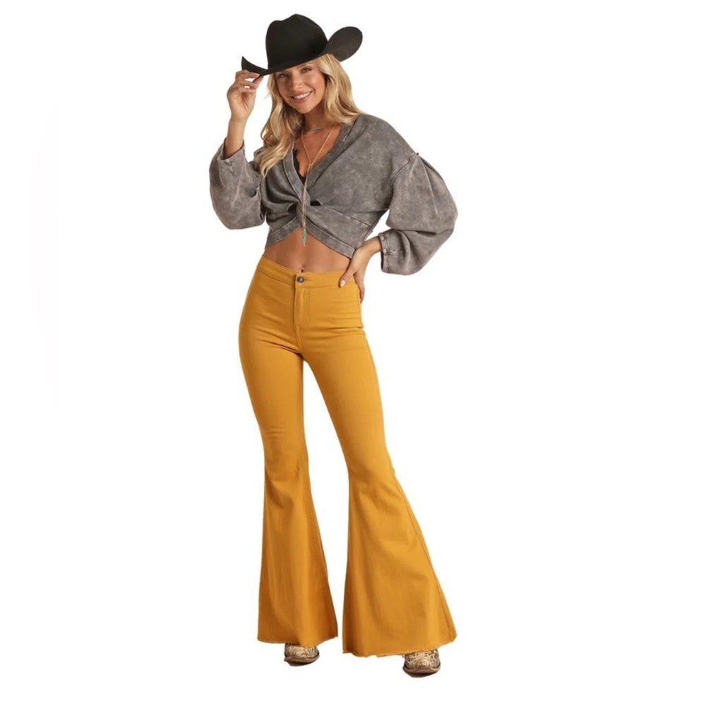 Rock & Roll Cowgirl Women’s Mustard Bargain‎ Bells Flare Jeans Size 36 (Size 21)